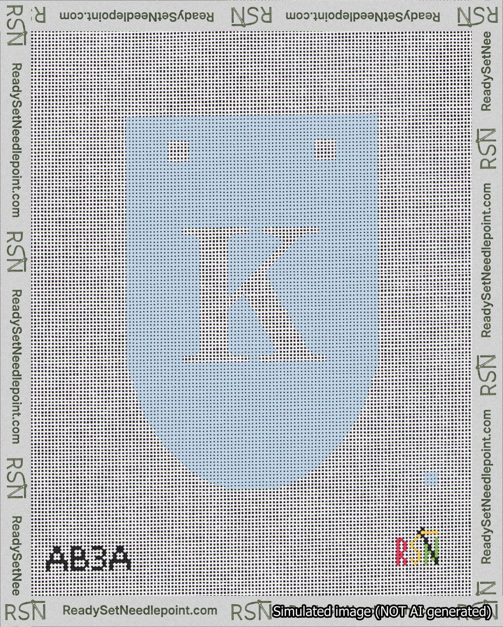 A taped needlepoint canvas with the design: Banner 18 mesh count Rounded K White on Light Blue.