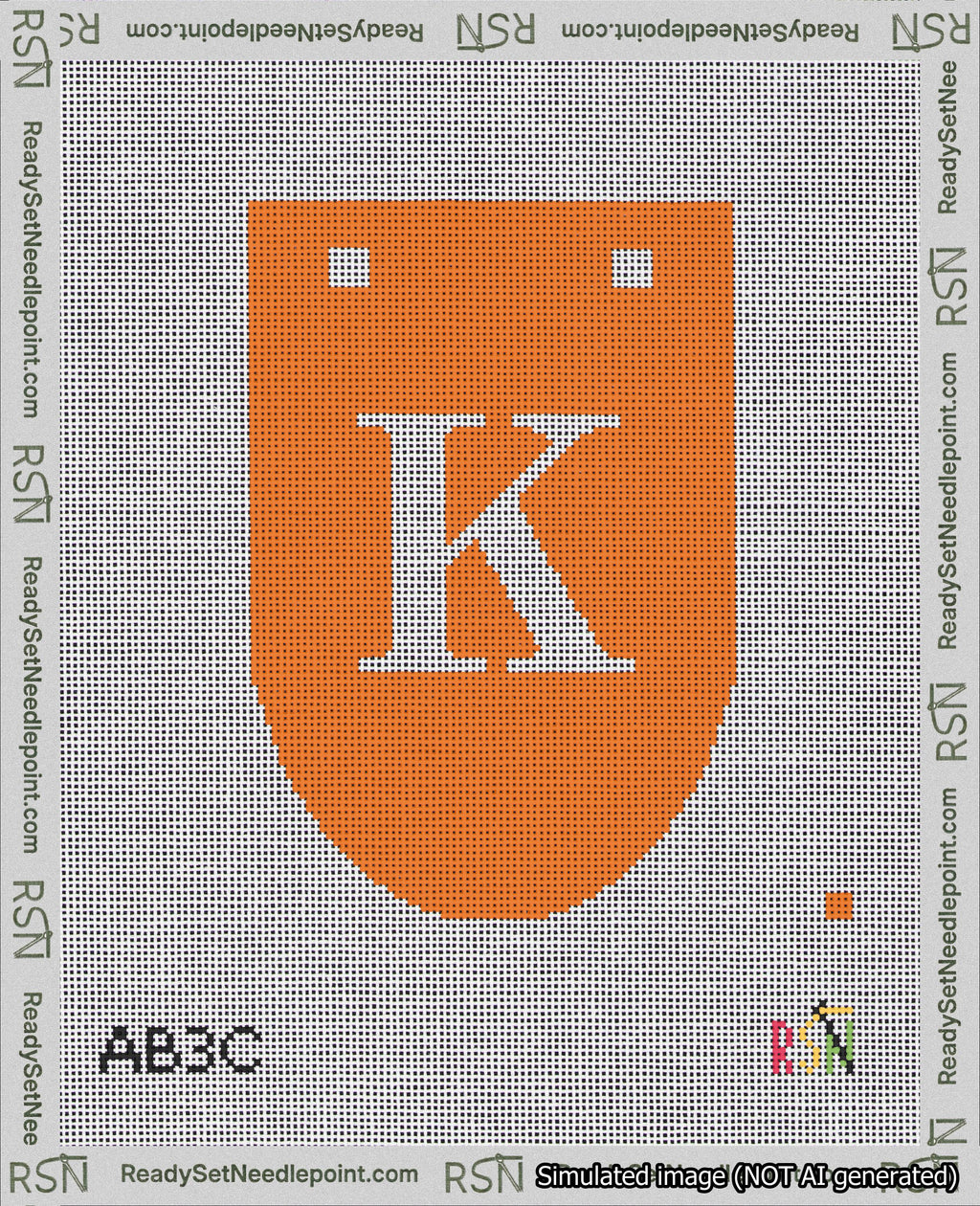 A taped needlepoint canvas with the design: Banner 18 mesh count Rounded K White on Orange.
