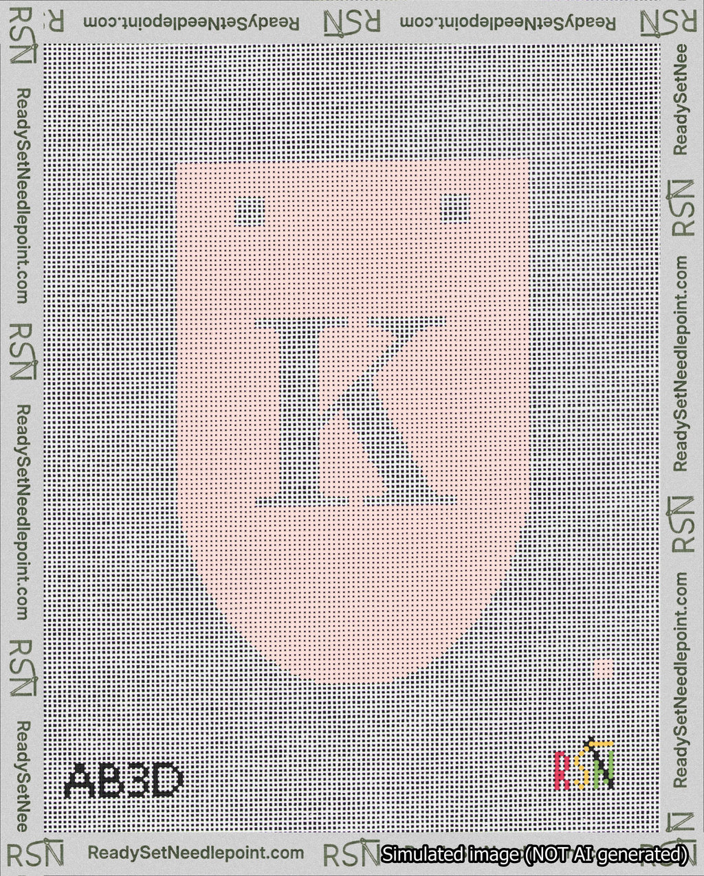 A taped needlepoint canvas with the design: Banner 18 mesh count Rounded K White on Pink.