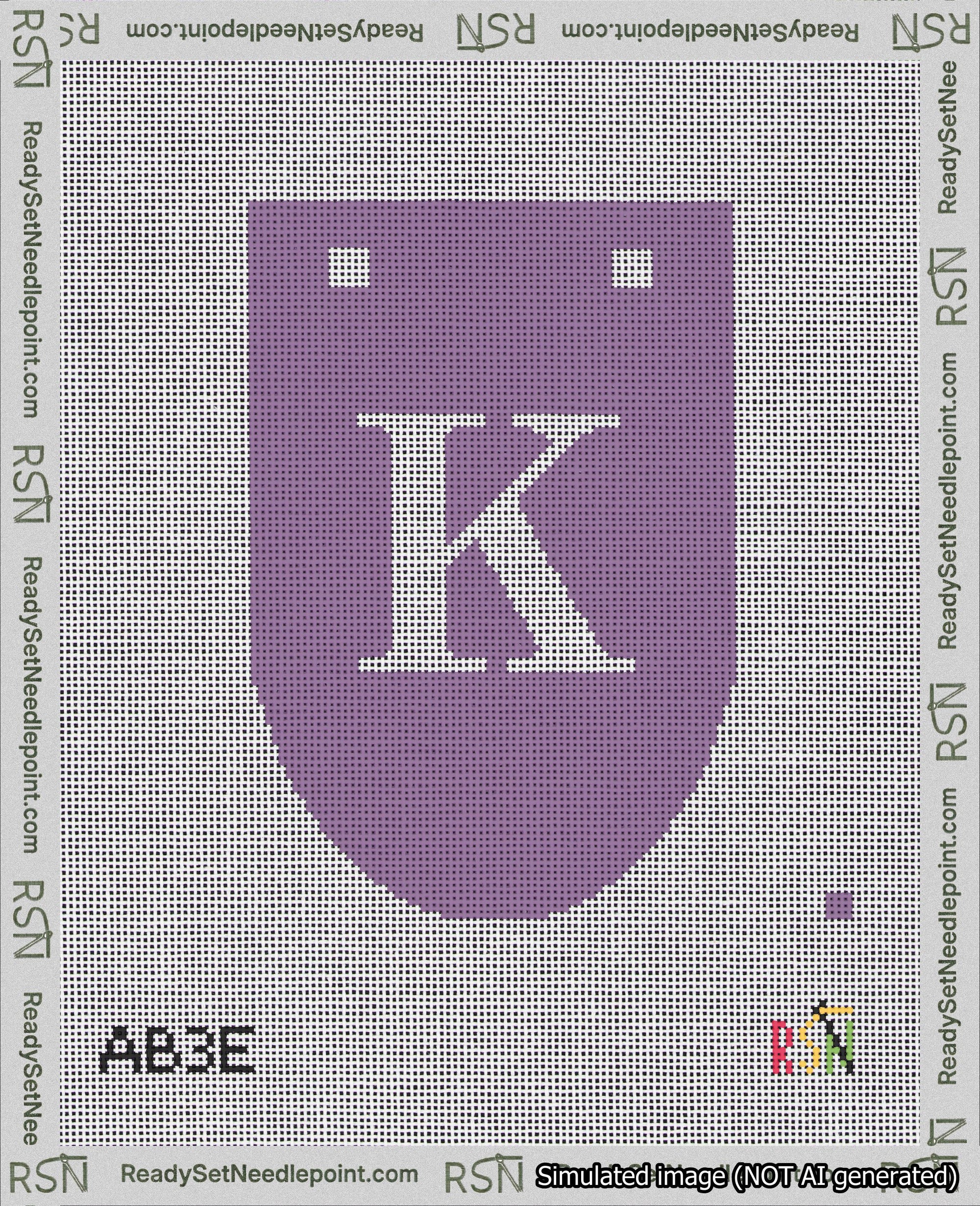 A taped needlepoint canvas with the design: Banner 18 mesh count Rounded K White on Purple.
