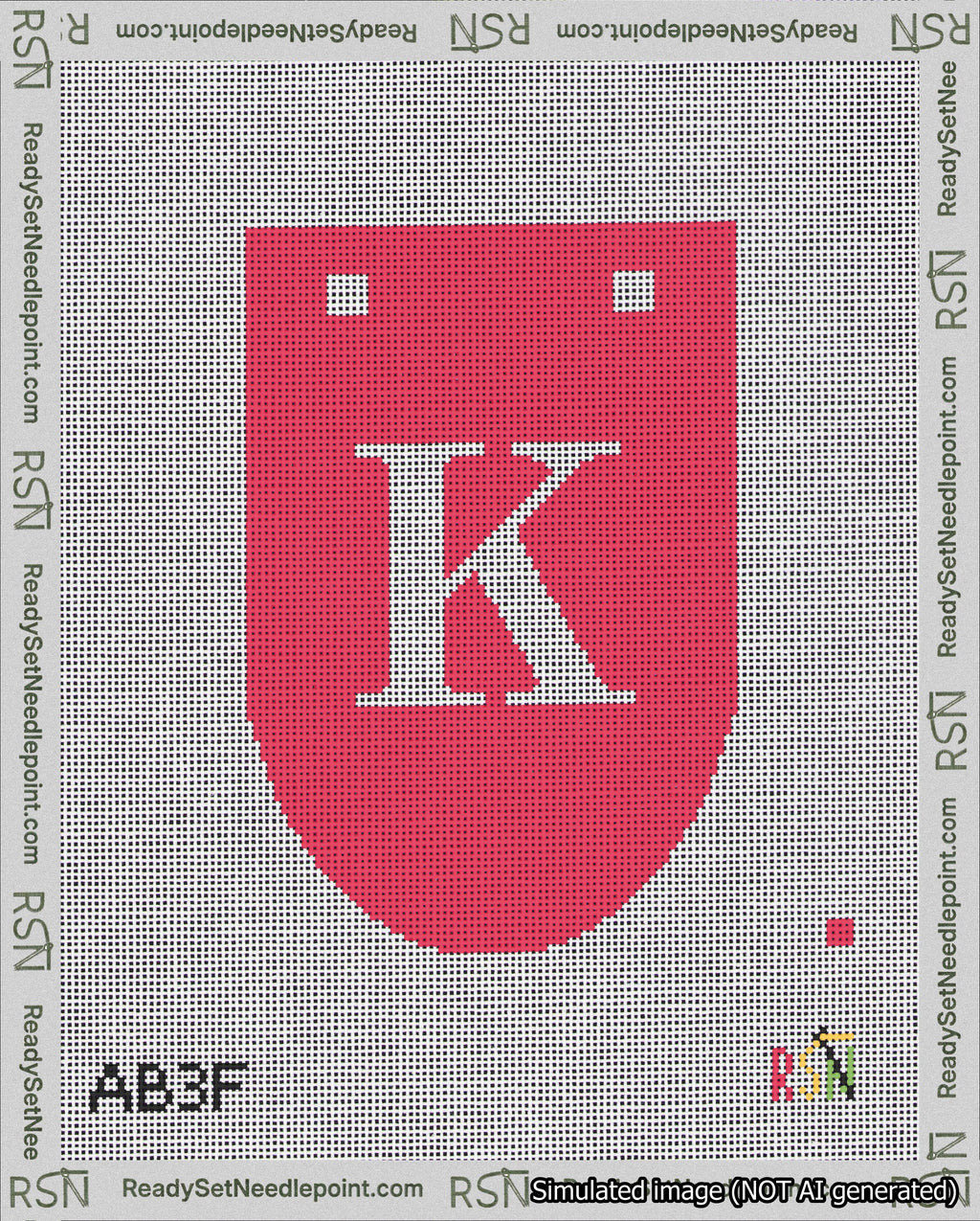 A taped needlepoint canvas with the design: Banner 18 mesh count Rounded K White on Red.