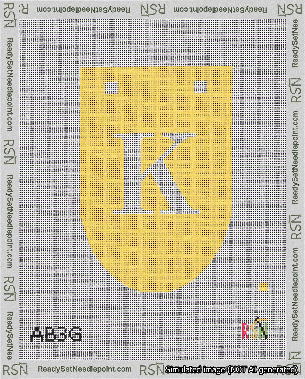 A taped needlepoint canvas with the design: Banner 18 mesh count Rounded K White on Yellow.
