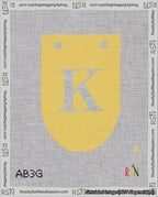 A taped needlepoint canvas with the design: Banner 18 mesh count Rounded K White on Yellow.