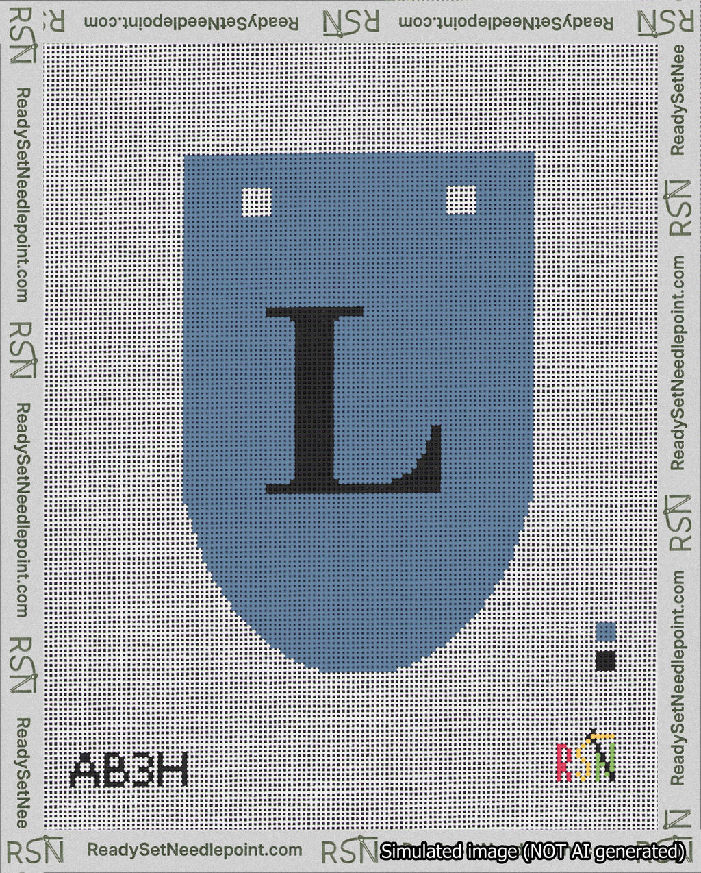 A taped needlepoint canvas with the design: Banner 18 mesh count Rounded L Black on Blue.