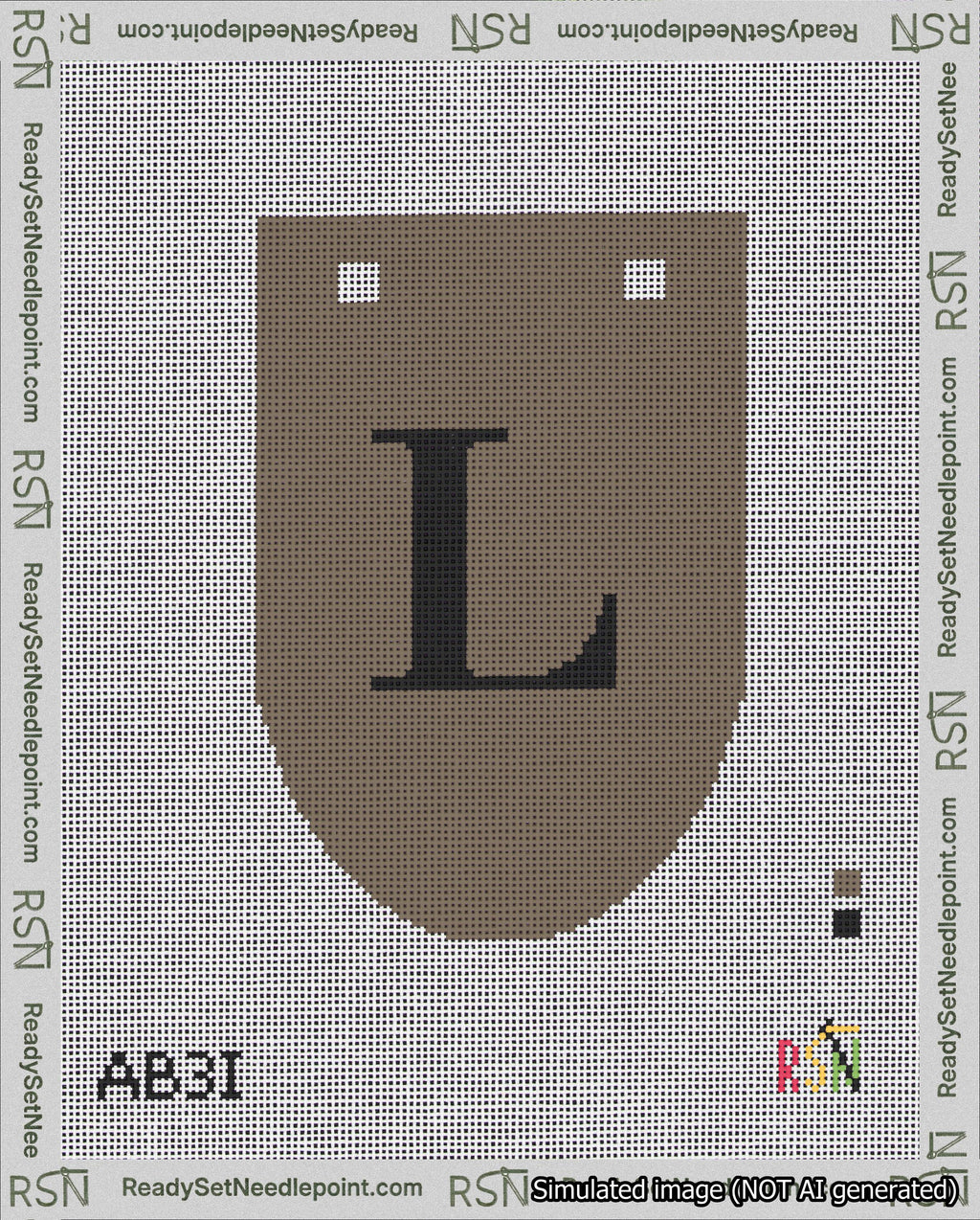 A taped needlepoint canvas with the design: Banner 18 mesh count Rounded L Black on Brown.