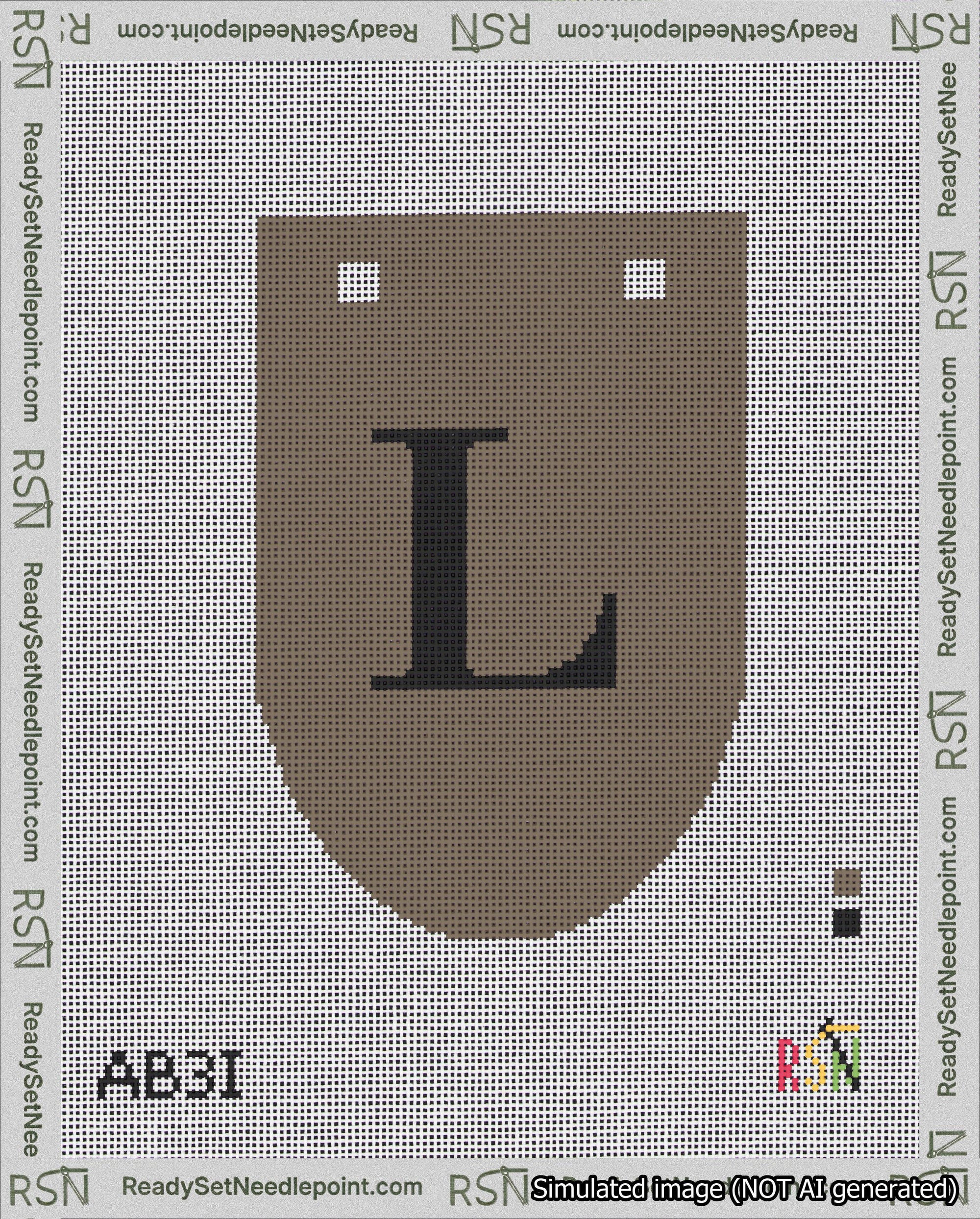 A taped needlepoint canvas with the design: Banner 18 mesh count Rounded L Black on Brown.