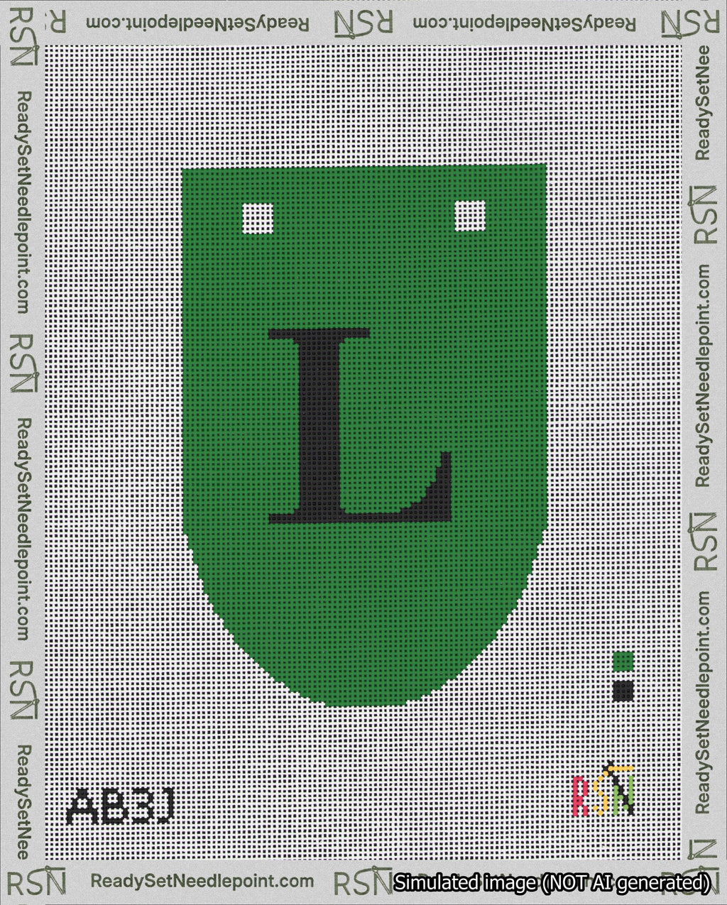 A taped needlepoint canvas with the design: Banner 18 mesh count Rounded L Black on Green.