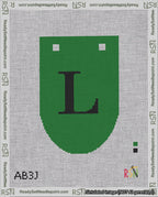 A taped needlepoint canvas with the design: Banner 18 mesh count Rounded L Black on Green.