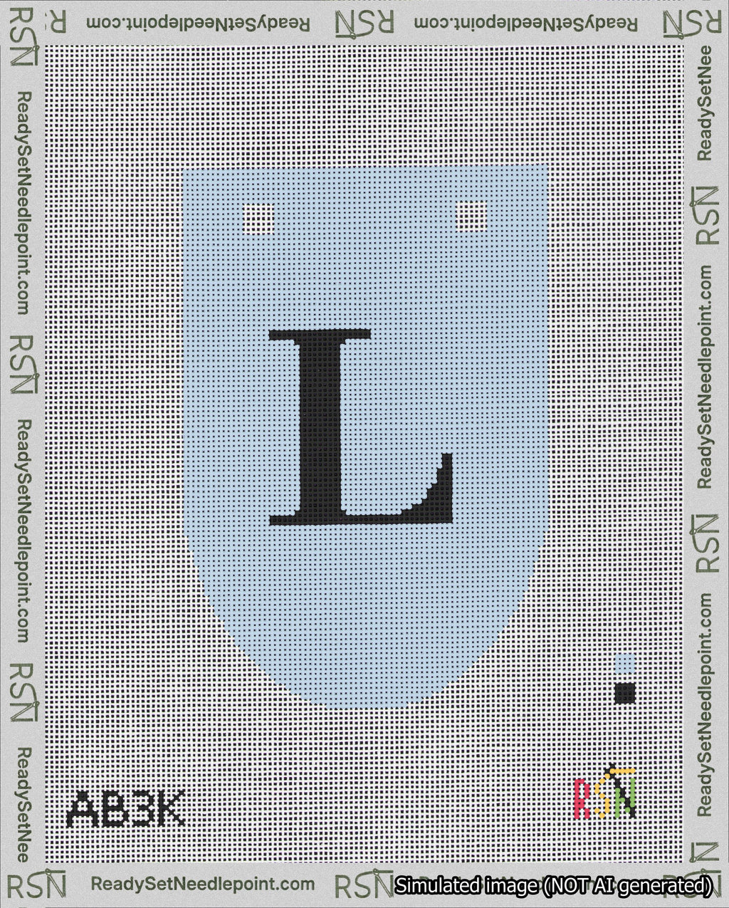 A taped needlepoint canvas with the design: Banner 18 mesh count Rounded L Black on Light Blue.