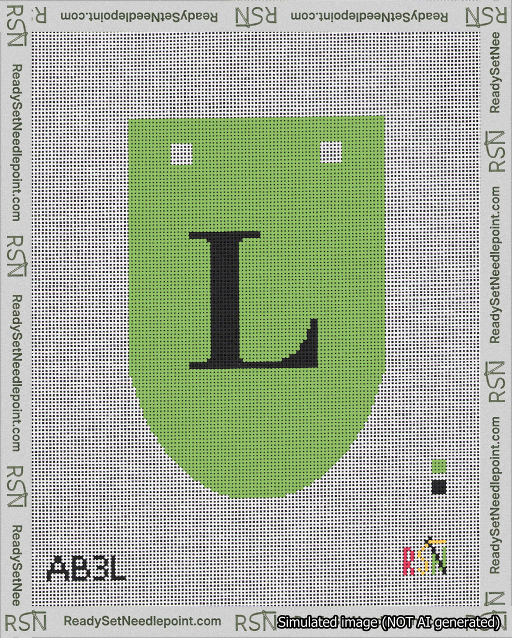 A taped needlepoint canvas with the design: Banner 18 mesh count Rounded L Black on Light Green.