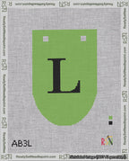 A taped needlepoint canvas with the design: Banner 18 mesh count Rounded L Black on Light Green.