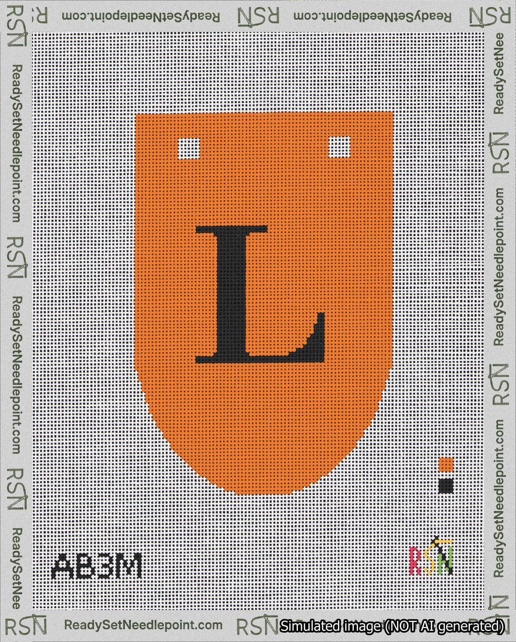 A taped needlepoint canvas with the design: Banner 18 mesh count Rounded L Black on Orange.