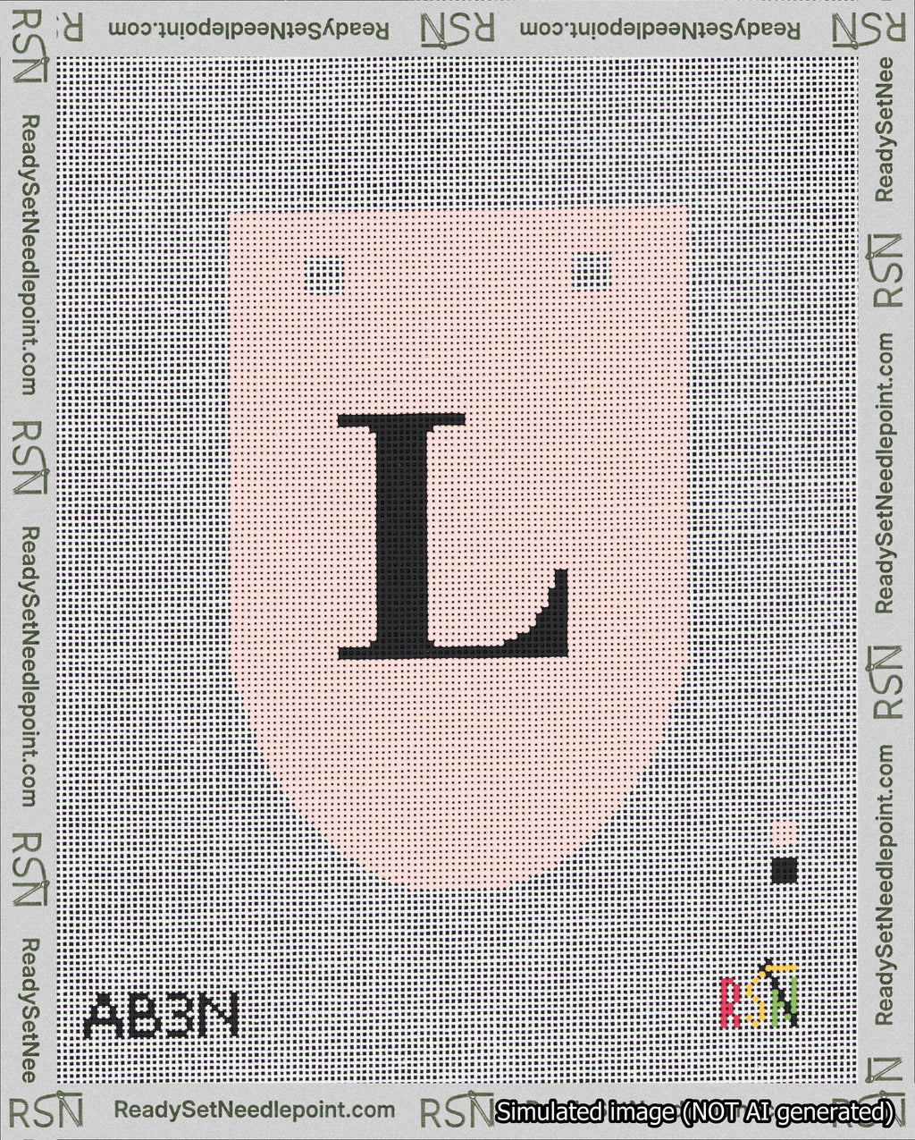 A taped needlepoint canvas with the design: Banner 18 mesh count Rounded L Black on Pink.