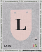 A taped needlepoint canvas with the design: Banner 18 mesh count Rounded L Black on Pink.