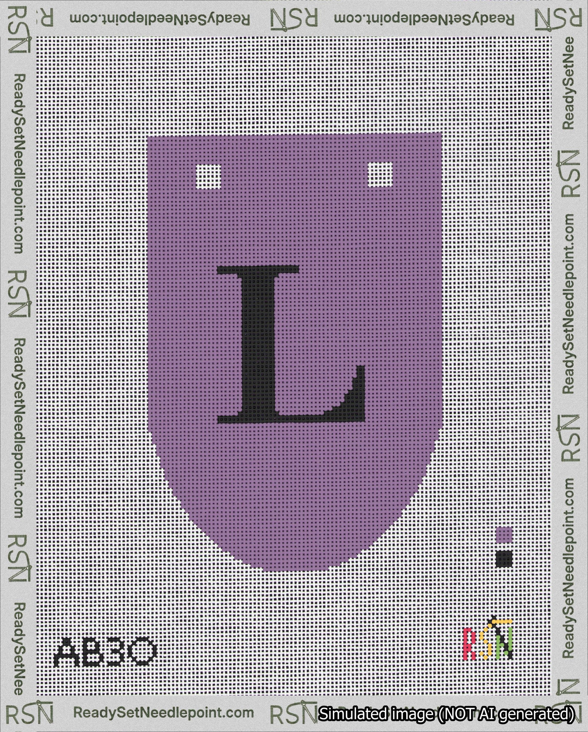 A taped needlepoint canvas with the design: Banner 18 mesh count Rounded L Black on Purple.