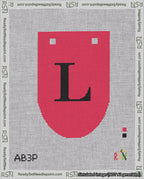 A taped needlepoint canvas with the design: Banner 18 mesh count Rounded L Black on Red.