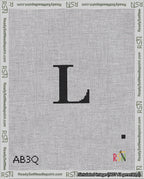 A taped needlepoint canvas with the design: Banner 18 mesh count Rounded L Black on White.