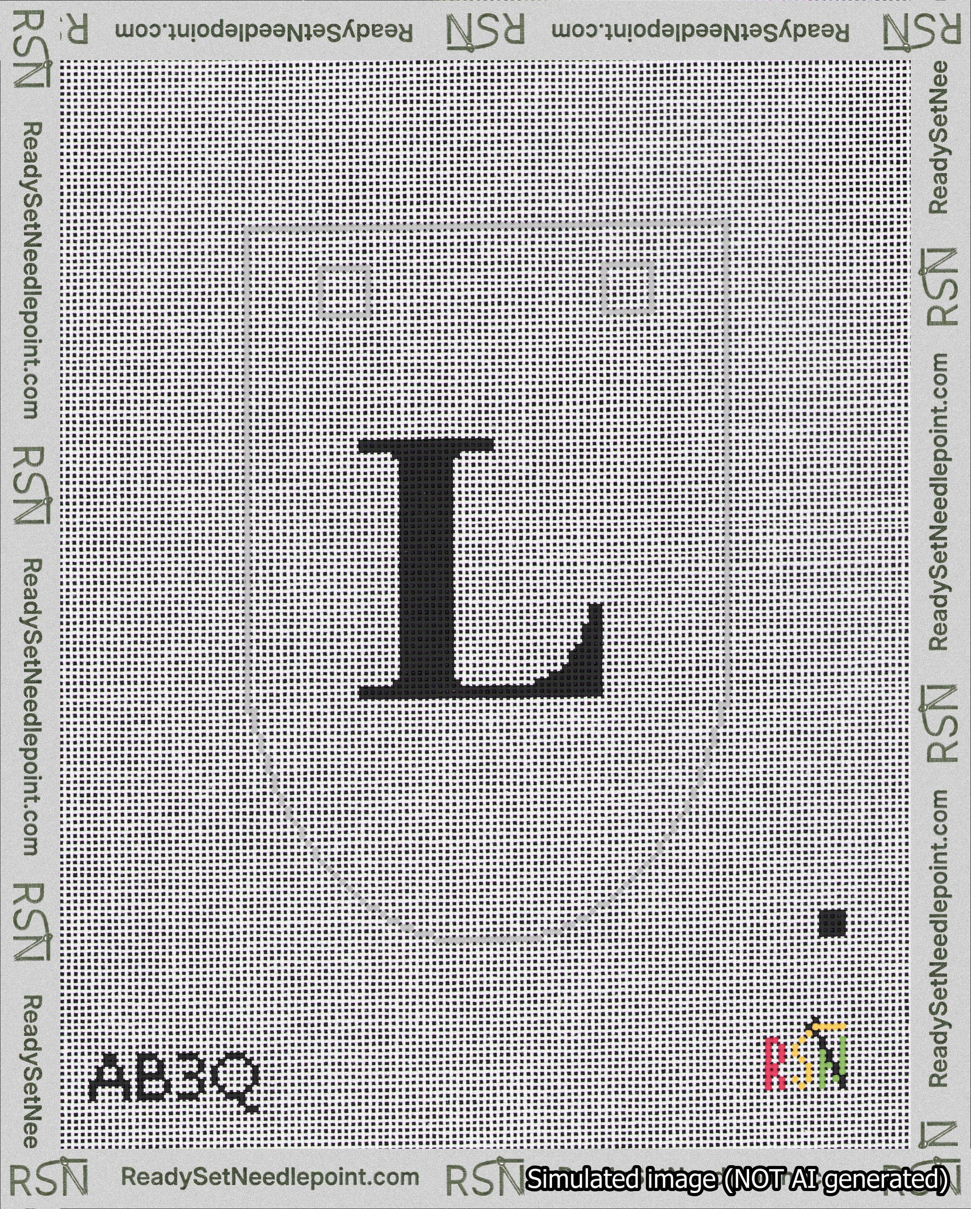A taped needlepoint canvas with the design: Banner 18 mesh count Rounded L Black on White.