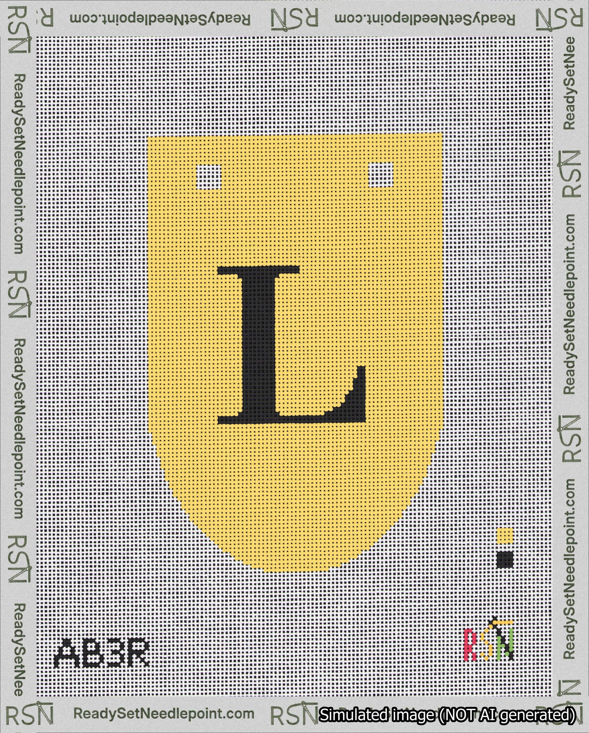 A taped needlepoint canvas with the design: Banner 18 mesh count Rounded L Black on Yellow.