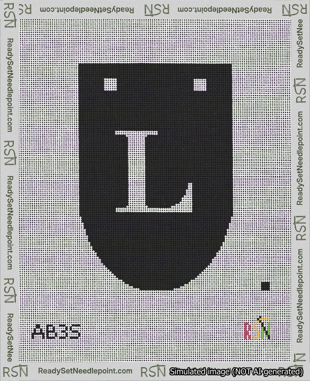 A taped needlepoint canvas with the design: Banner 18 mesh count Rounded L White on Black.