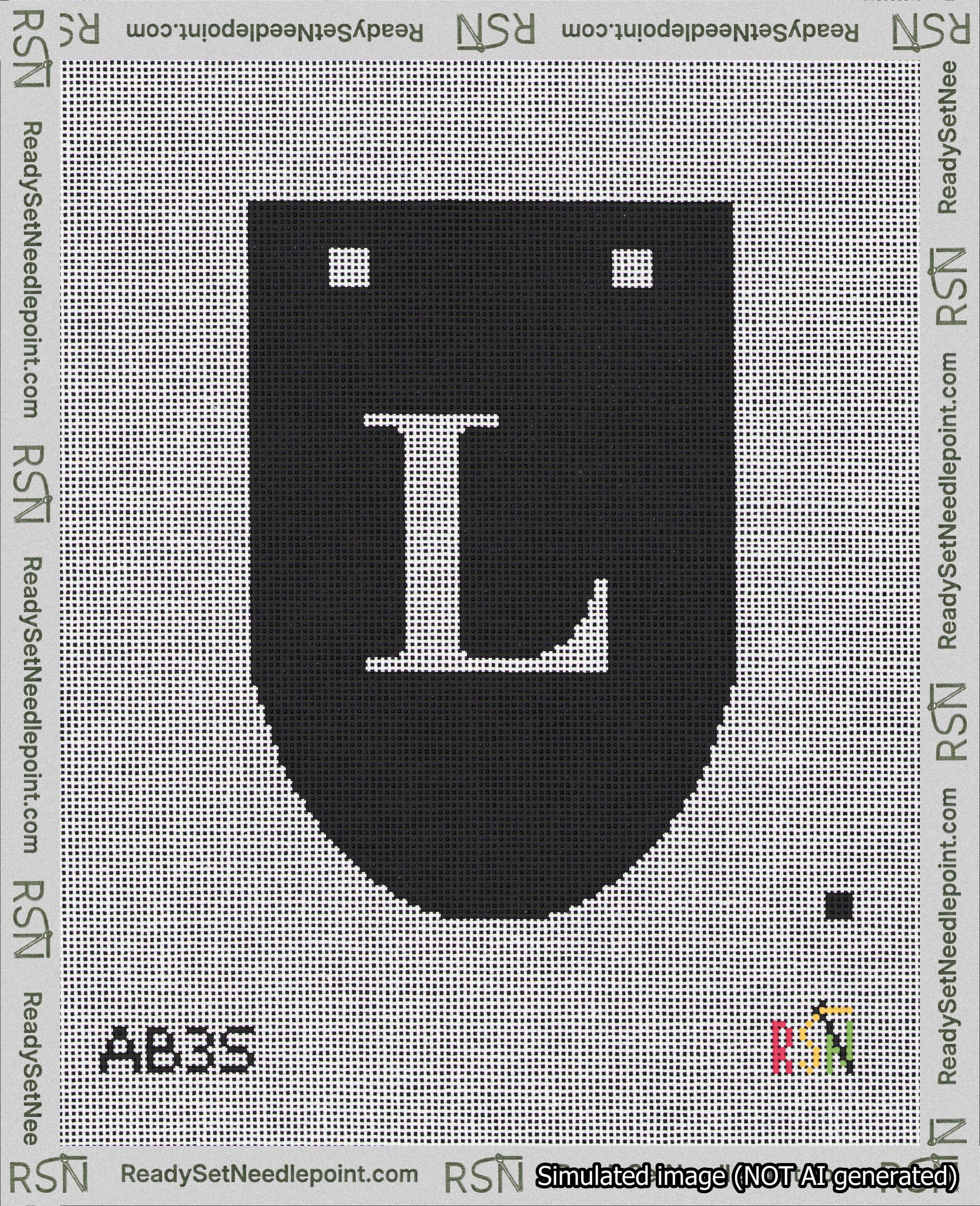 A taped needlepoint canvas with the design: Banner 18 mesh count Rounded L White on Black.