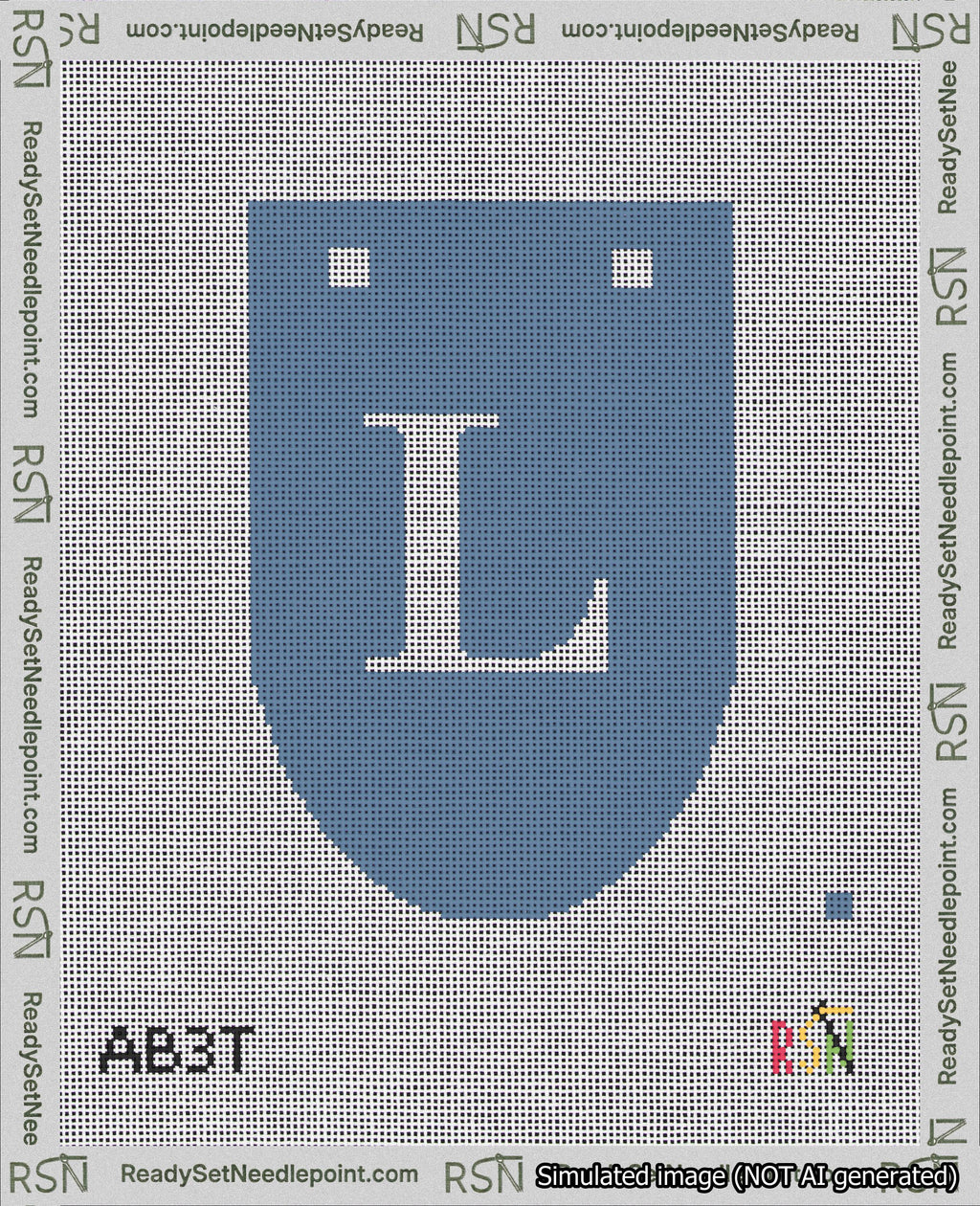 A taped needlepoint canvas with the design: Banner 18 mesh count Rounded L White on Blue.