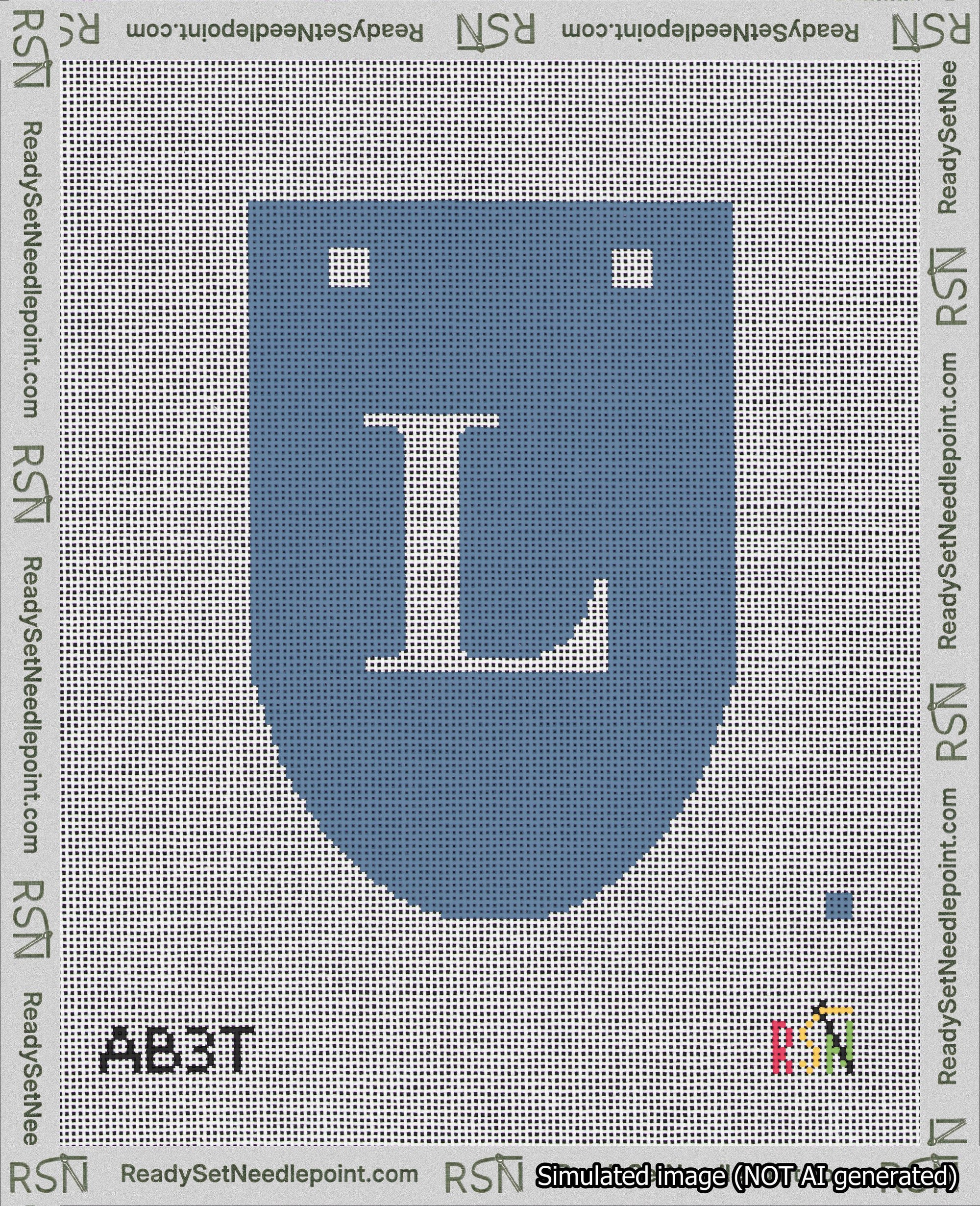 A taped needlepoint canvas with the design: Banner 18 mesh count Rounded L White on Blue.
