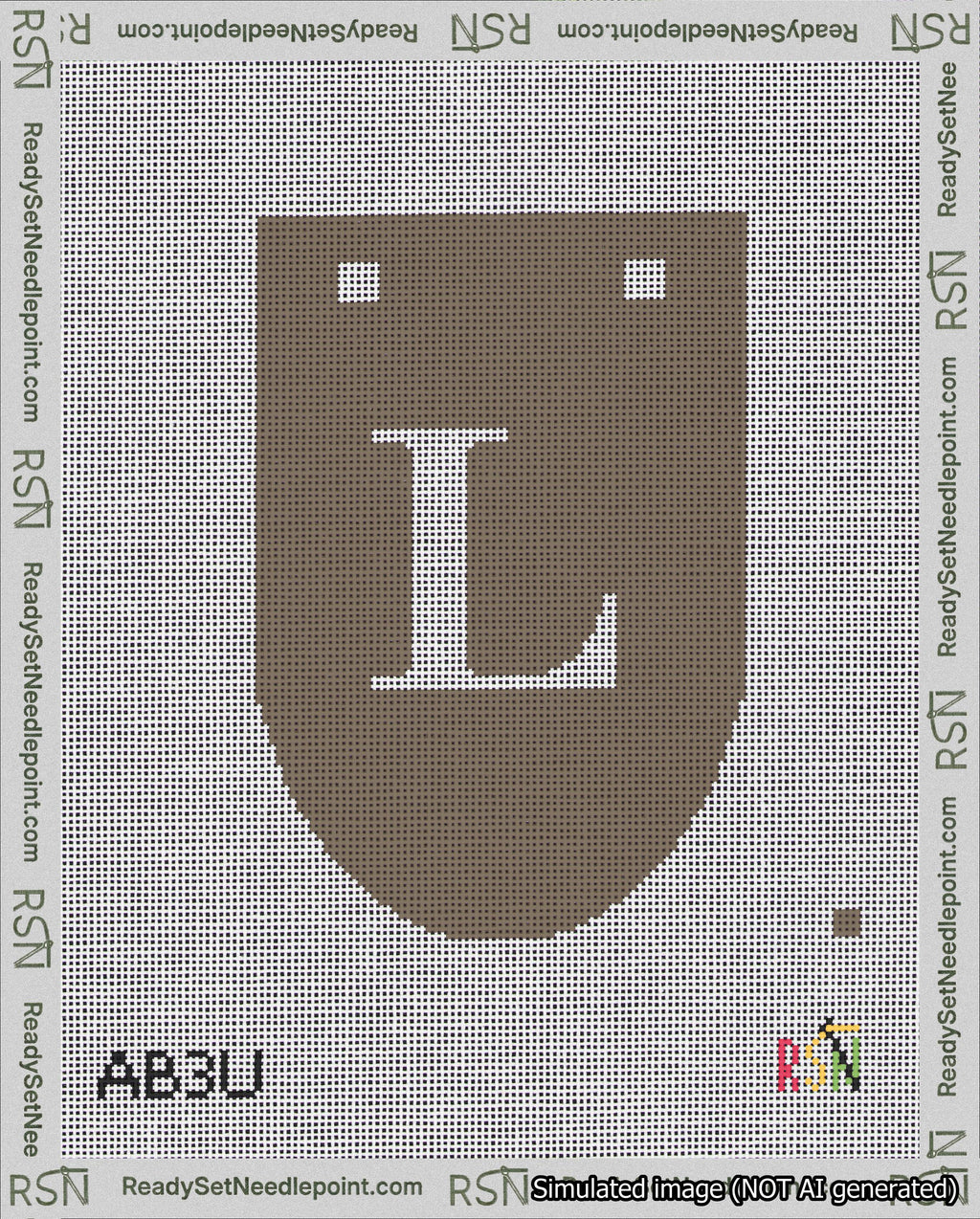 A taped needlepoint canvas with the design: Banner 18 mesh count Rounded L White on Brown.