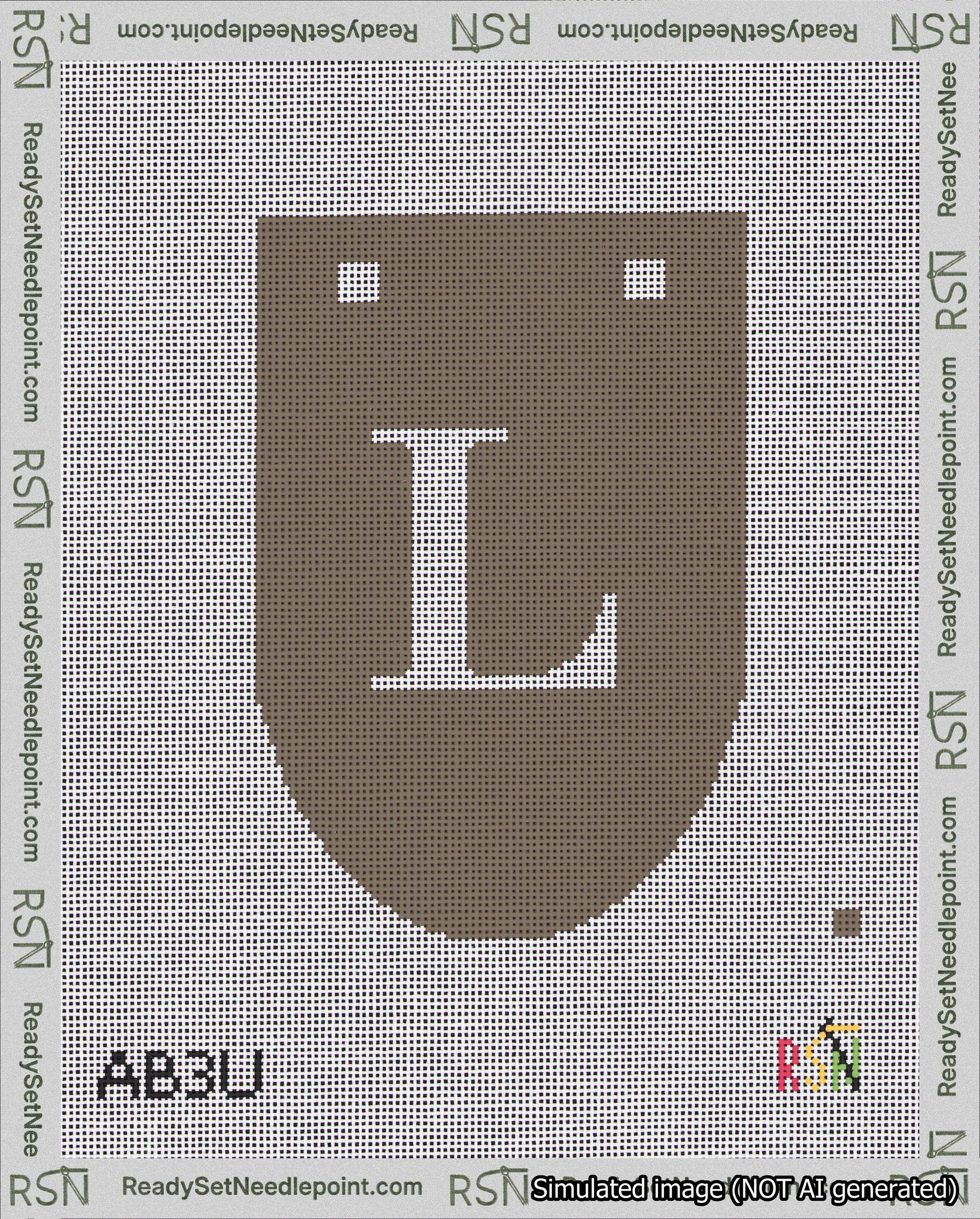 A taped needlepoint canvas with the design: Banner 18 mesh count Rounded L White on Brown.