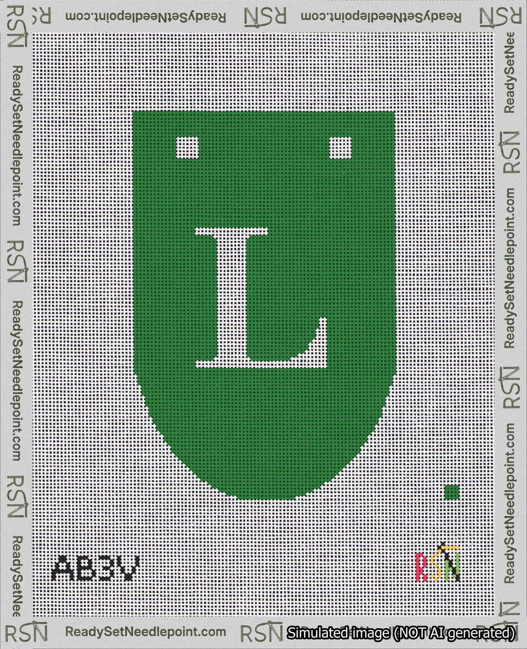 A taped needlepoint canvas with the design: Banner 18 mesh count Rounded L White on Green.