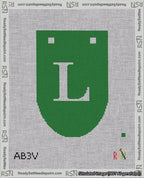 A taped needlepoint canvas with the design: Banner 18 mesh count Rounded L White on Green.