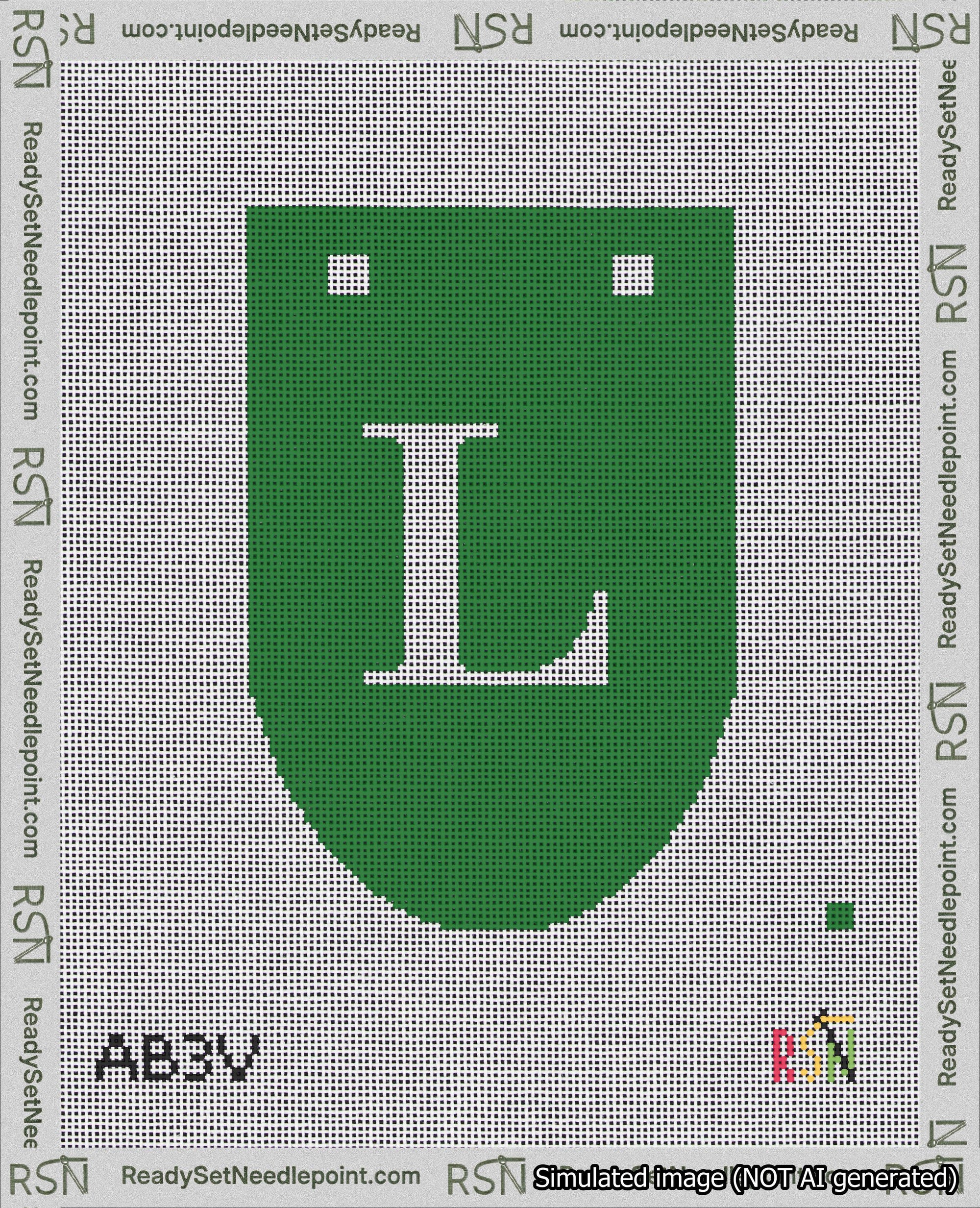 A taped needlepoint canvas with the design: Banner 18 mesh count Rounded L White on Green.