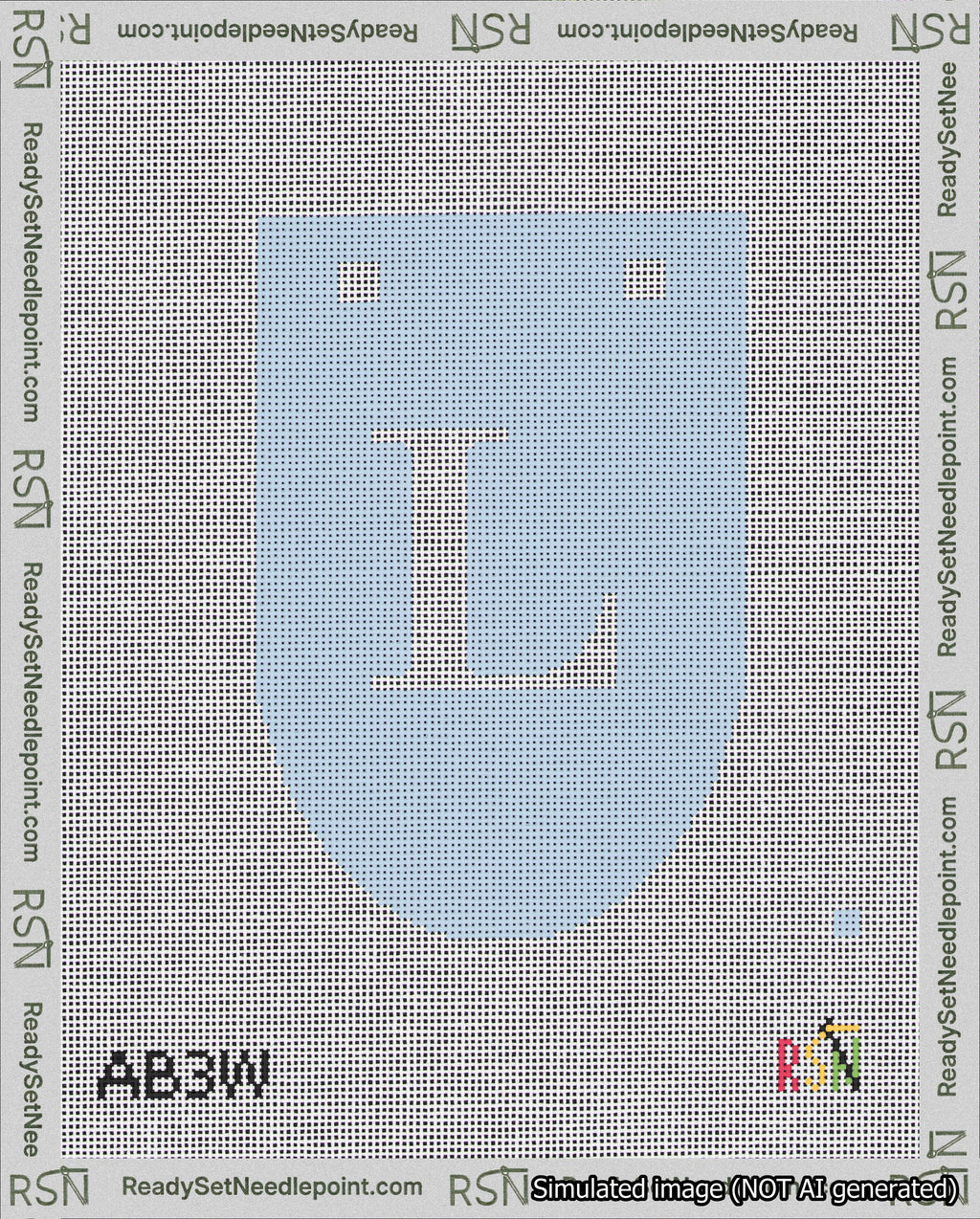 A taped needlepoint canvas with the design: Banner 18 mesh count Rounded L White on Light Blue.