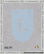 A taped needlepoint canvas with the design: Banner 18 mesh count Rounded L White on Light Blue.