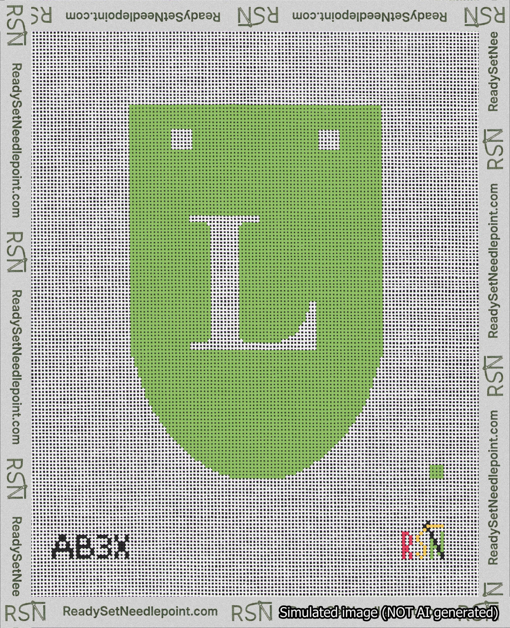 A taped needlepoint canvas with the design: Banner 18 mesh count Rounded L White on Light Green.
