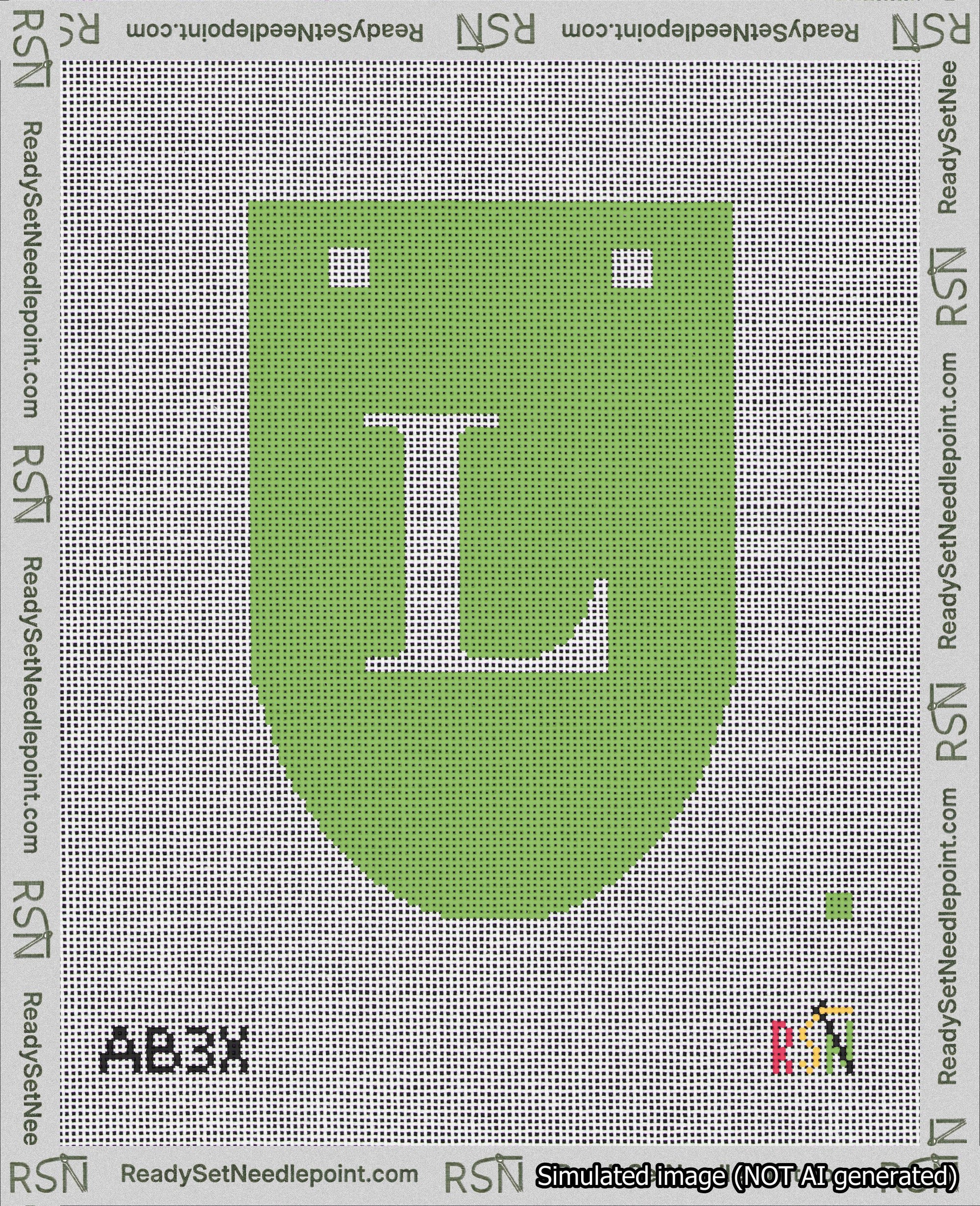 A taped needlepoint canvas with the design: Banner 18 mesh count Rounded L White on Light Green.