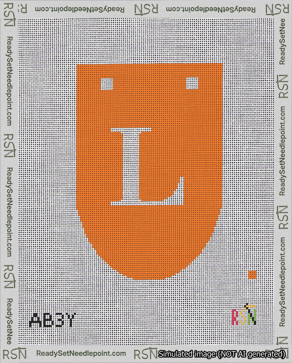 A taped needlepoint canvas with the design: Banner 18 mesh count Rounded L White on Orange.