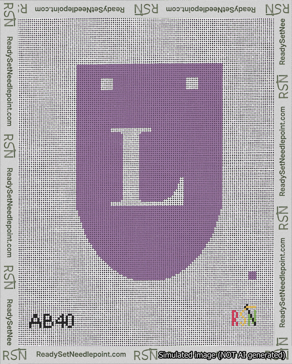 A taped needlepoint canvas with the design: Banner 18 mesh count Rounded L White on Purple.