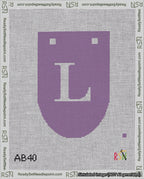 A taped needlepoint canvas with the design: Banner 18 mesh count Rounded L White on Purple.