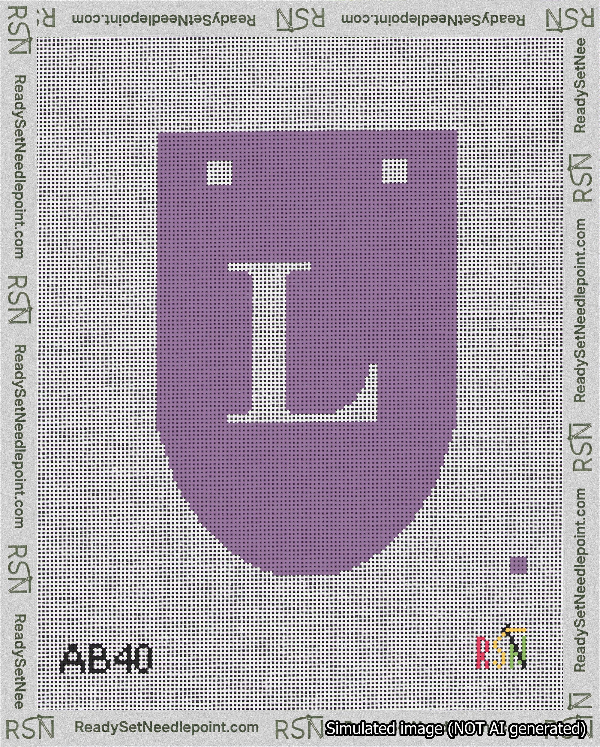 A taped needlepoint canvas with the design: Banner 18 mesh count Rounded L White on Purple.
