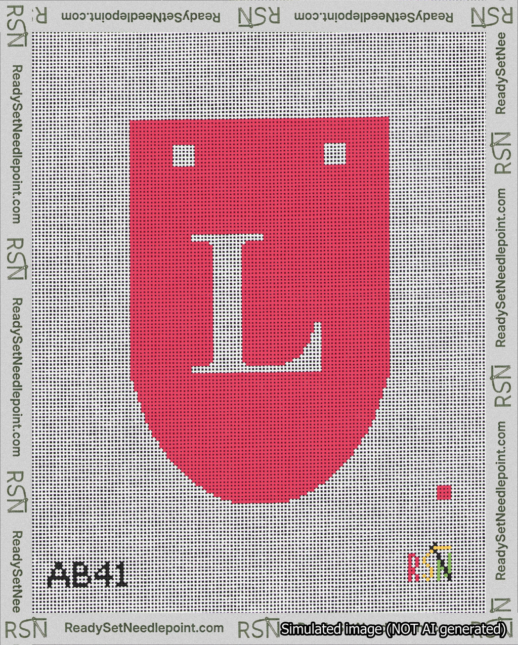 A taped needlepoint canvas with the design: Banner 18 mesh count Rounded L White on Red.