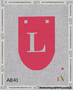 A taped needlepoint canvas with the design: Banner 18 mesh count Rounded L White on Red.