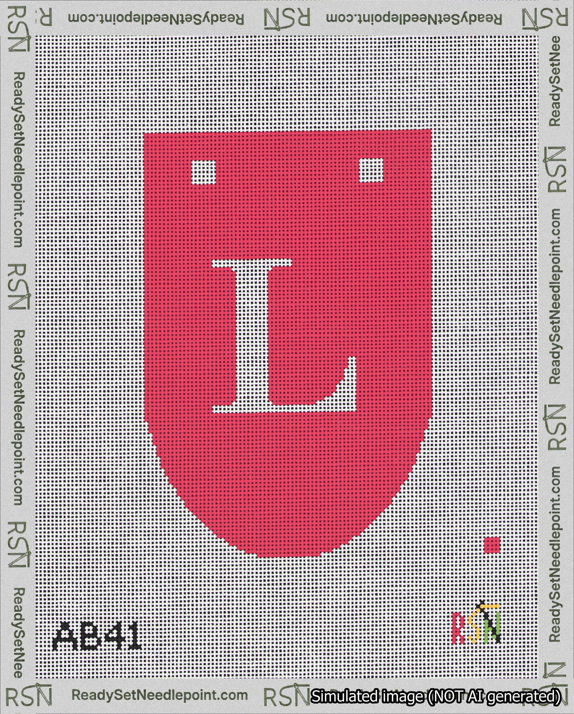 A taped needlepoint canvas with the design: Banner 18 mesh count Rounded L White on Red.