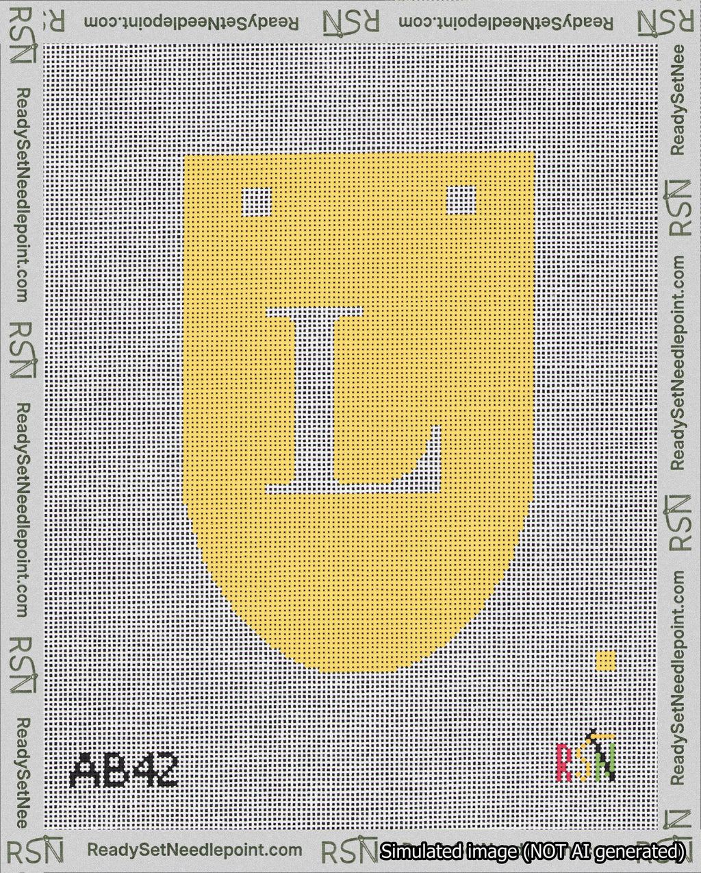 A taped needlepoint canvas with the design: Banner 18 mesh count Rounded L White on Yellow.