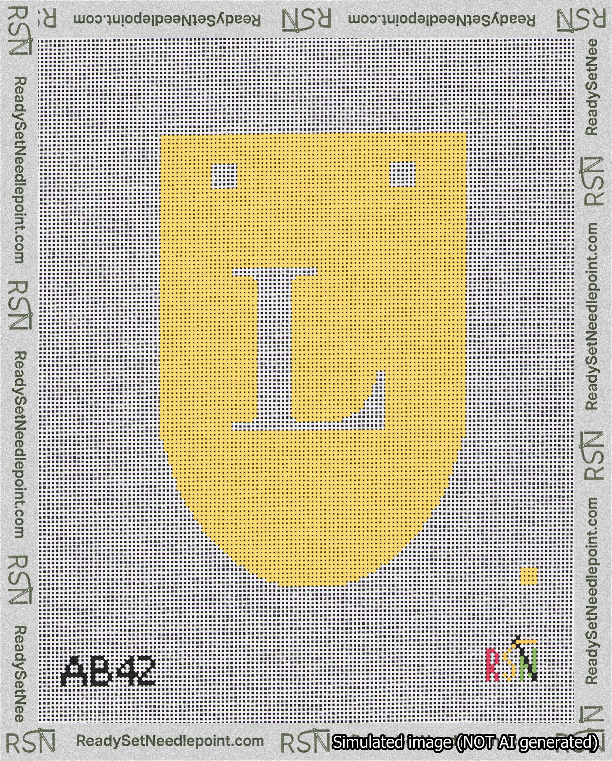 A taped needlepoint canvas with the design: Banner 18 mesh count Rounded L White on Yellow.