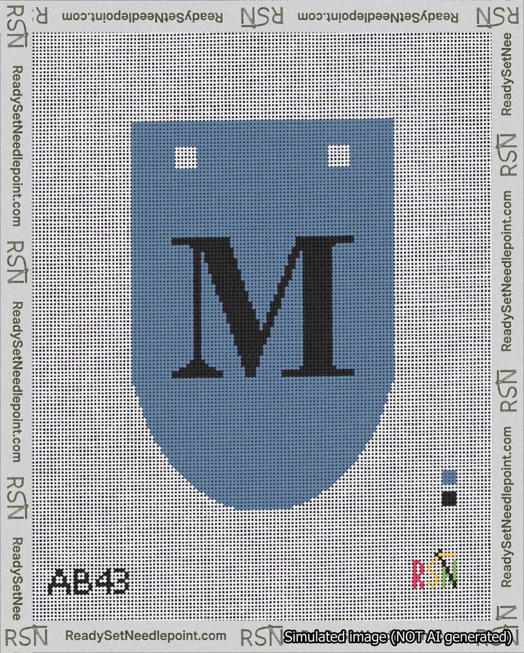 A taped needlepoint canvas with the design: Banner 18 mesh count Rounded M Black on Blue.