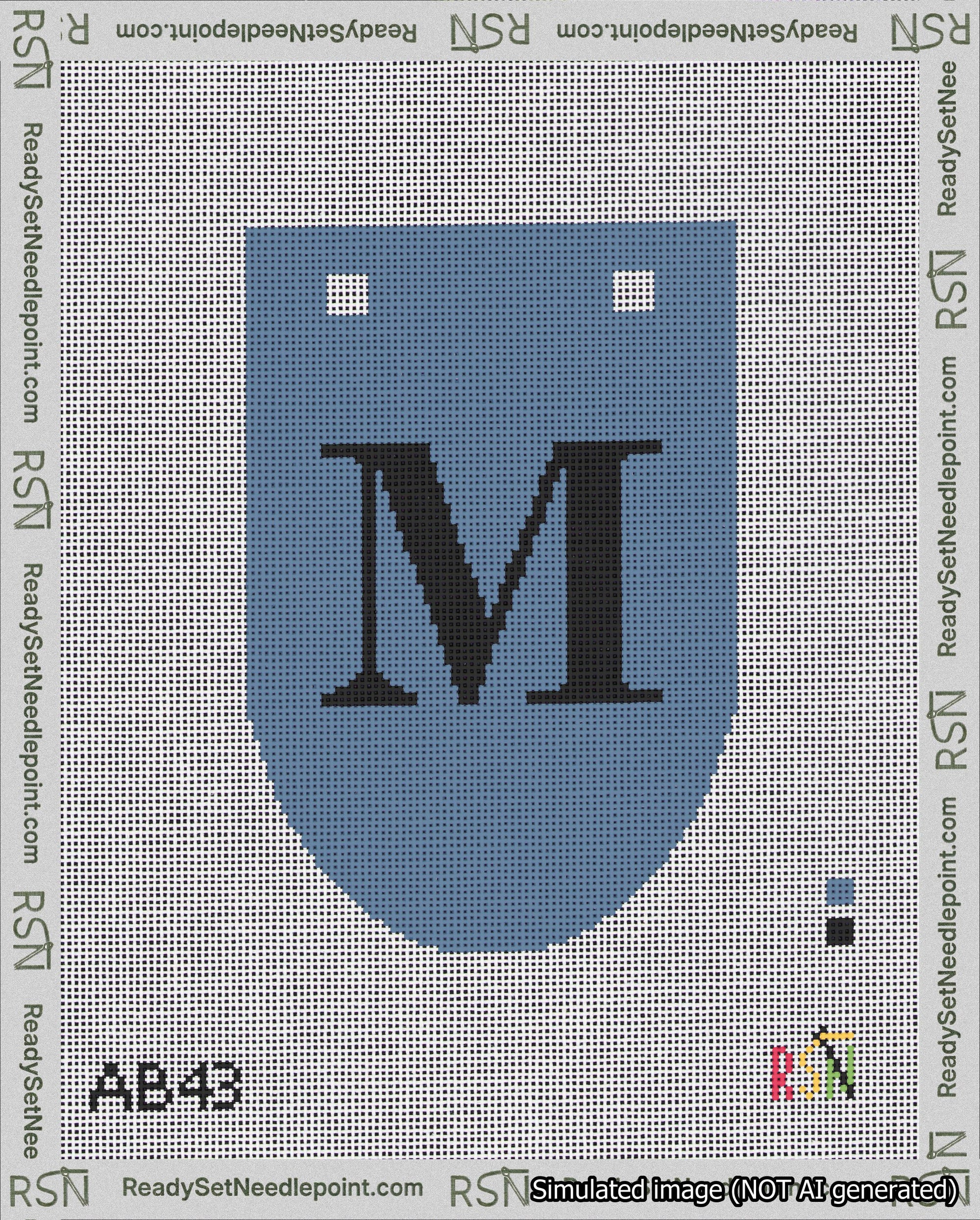A taped needlepoint canvas with the design: Banner 18 mesh count Rounded M Black on Blue.