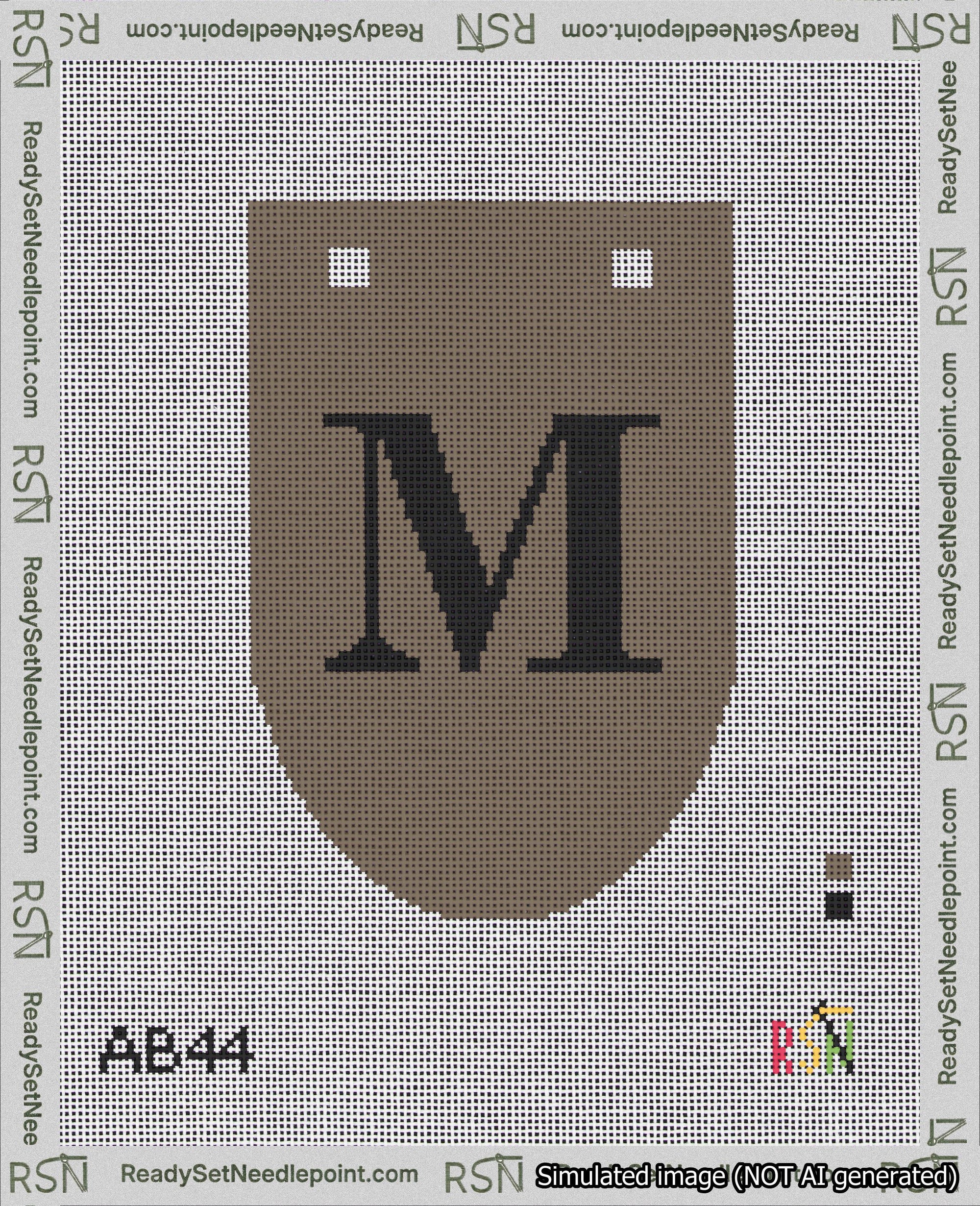 A taped needlepoint canvas with the design: Banner 18 mesh count Rounded M Black on Brown.
