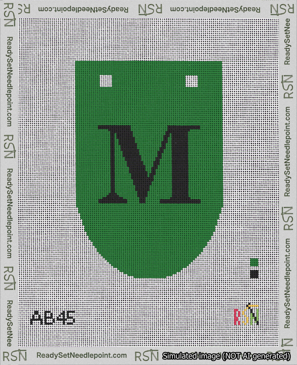 A taped needlepoint canvas with the design: Banner 18 mesh count Rounded M Black on Green.