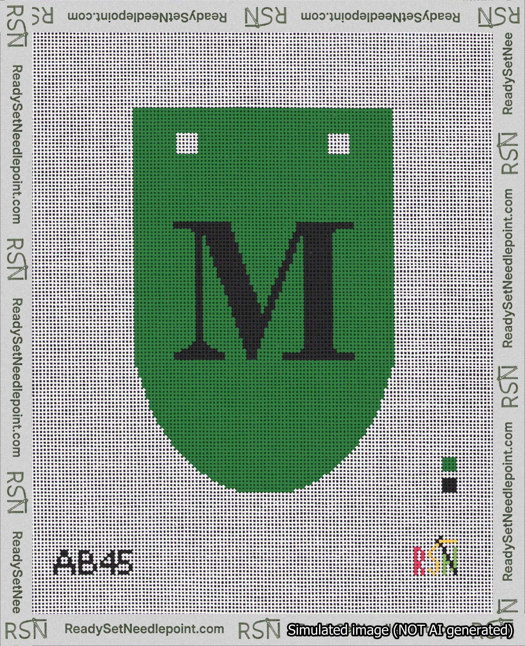A taped needlepoint canvas with the design: Banner 18 mesh count Rounded M Black on Green.